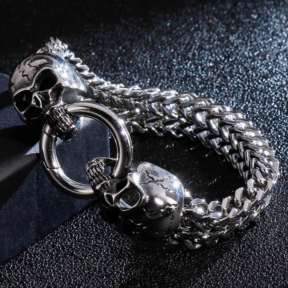 Gothic Double Skull Bracelet For Men 316L Stainless Steel Heavy Shiny Skeleton Charm Link Chain Mens Bracelets Male Jewelry