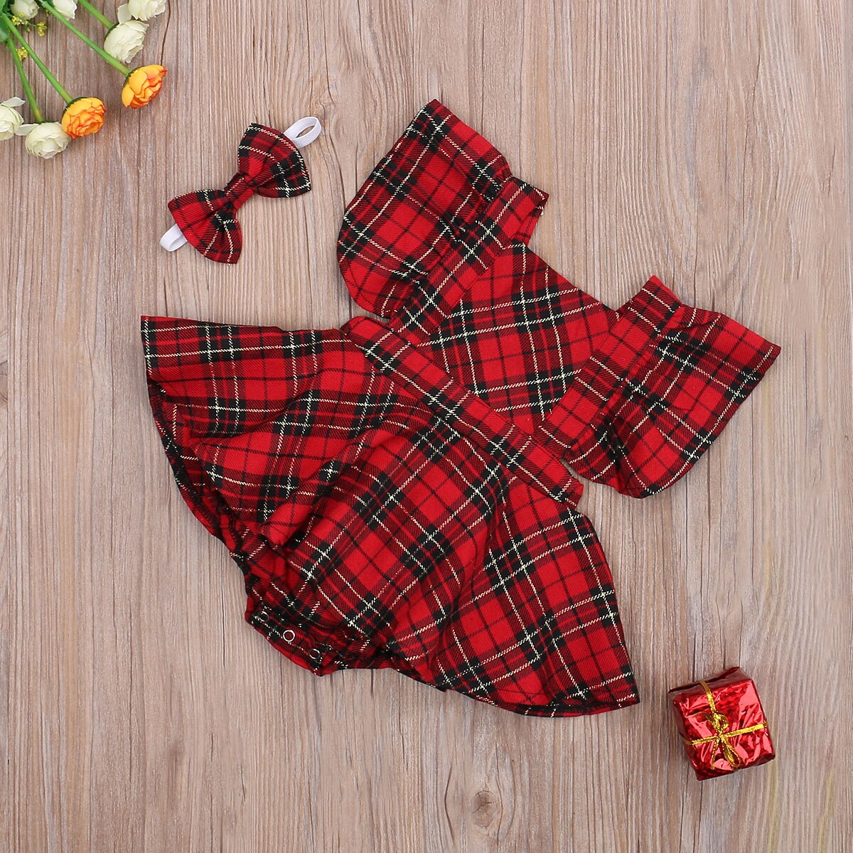 Noël 0-24 mois bébé filles garçons barboteuses + bandeau 2 pièces costume Plaid imprimé volants manches courtes dos nu combinaisons de noël