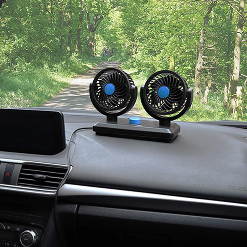 Mini ventilador eléctrico para coche, dispositivo de ventilación pequeño de 12V y 24V, Individual/doble, doble cabezal, USB, rotación de 360 grados, refrigeración de bajo ruido