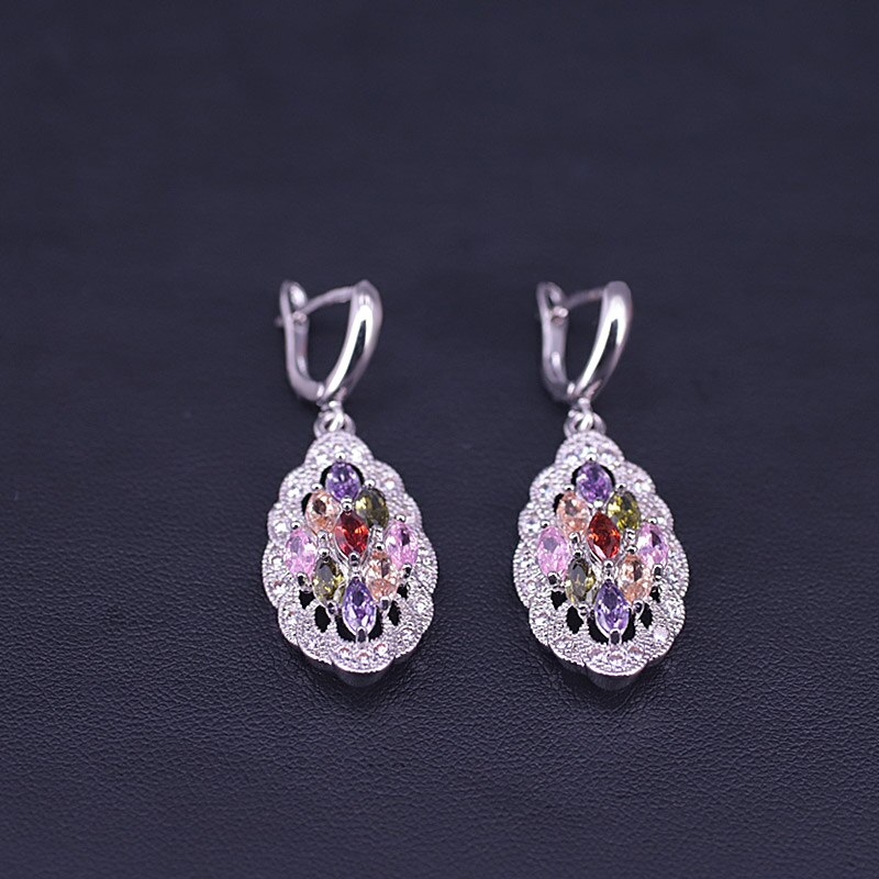 Ensemble de bijoux pour femmes, plusieurs couleurs, Top Zircon couleur argent, bijoux de Costume, cerceau, boucles d'oreilles, bague, collier pendentif, ensemble de bijoux de mariée: earrings / 9
