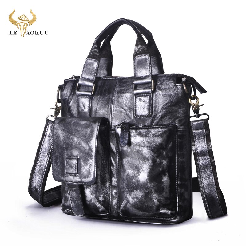 Men Original Leather Retro Business Briefcase Casual 12&quot; Laptop Travel Bag Tote Attache Messenger Bag Portfolio B259: Silver