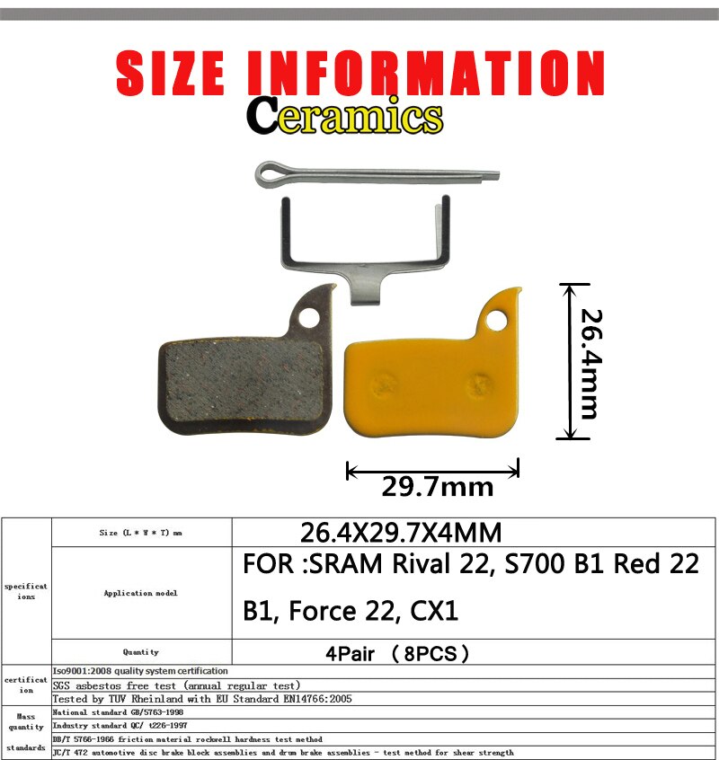 4 Pair（8pcs）Ceramics Mountain E-BIKE Bicycle Disc Brake Pads For SRAM AVID Rival 22 S700 B1 Red 22 Force 22 CX Accessories