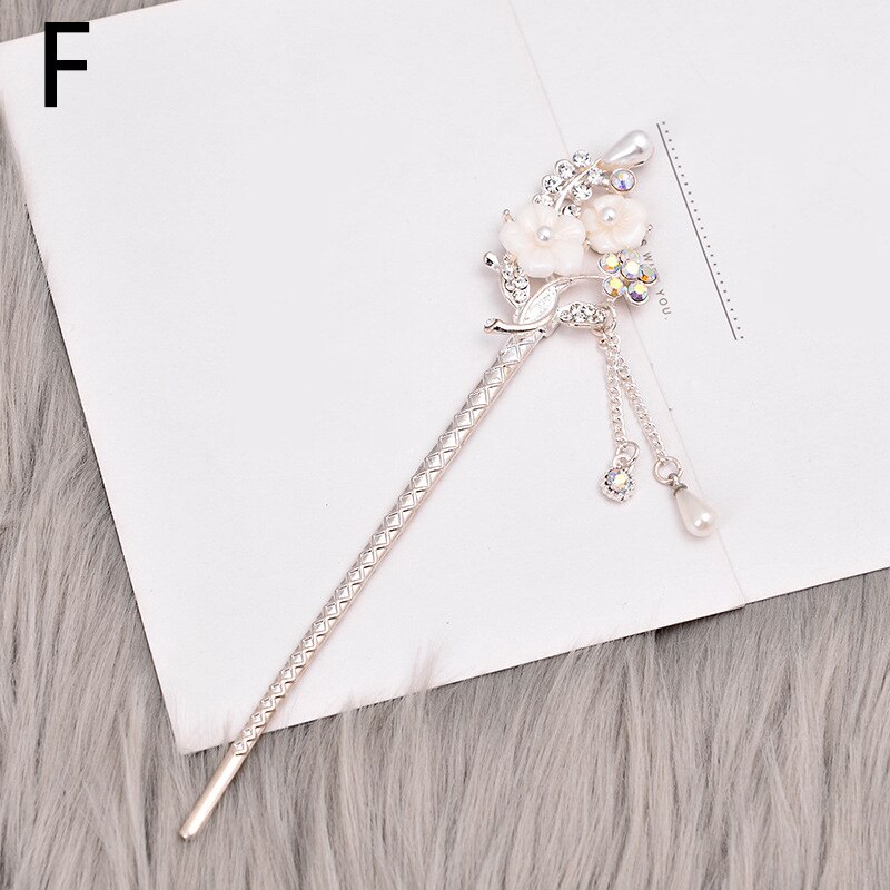 Pałeczki do włosów w stylu chińskim metalowe Rhinestone włosy kij kobiety Tassel kwiat perłowy chluba szpilka akcesoria biżuteria do włosów: F