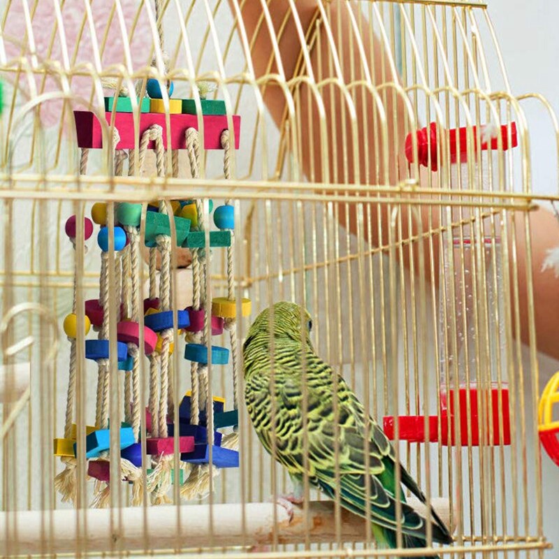 Vogel Kauwen Speelgoed Met Vogel Baars Natuur Hout Stand, papegaaienkooi Beet Speelgoed Multi Gekleurde Houten Blokken Vogel Papegaai Speelgoed Voor Kleine