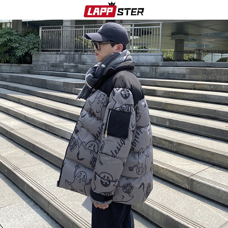 Lappster herr japansk streetwear svart pufferjacka herr harajuku patchwork vinter bubbelrockar manlig spöke hip hop parka