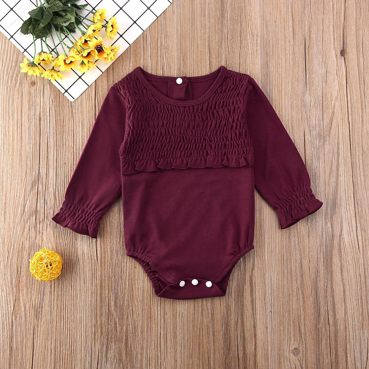 0-24M infantile Del bambino Dei Ragazzi Delle Ragazze corpo E Tutine Increspature A Manica Lunga solido Tute E Tute Da Palestra Bella Vestiti di Autunno vestito 2 Colori