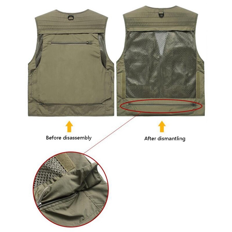 Chaleco de pesca multifunción de secado rápido para hombre, chaqueta suelta de malla para exteriores, multibolsillos, abrigo de cintura de pescador para fotografía, color caqui M