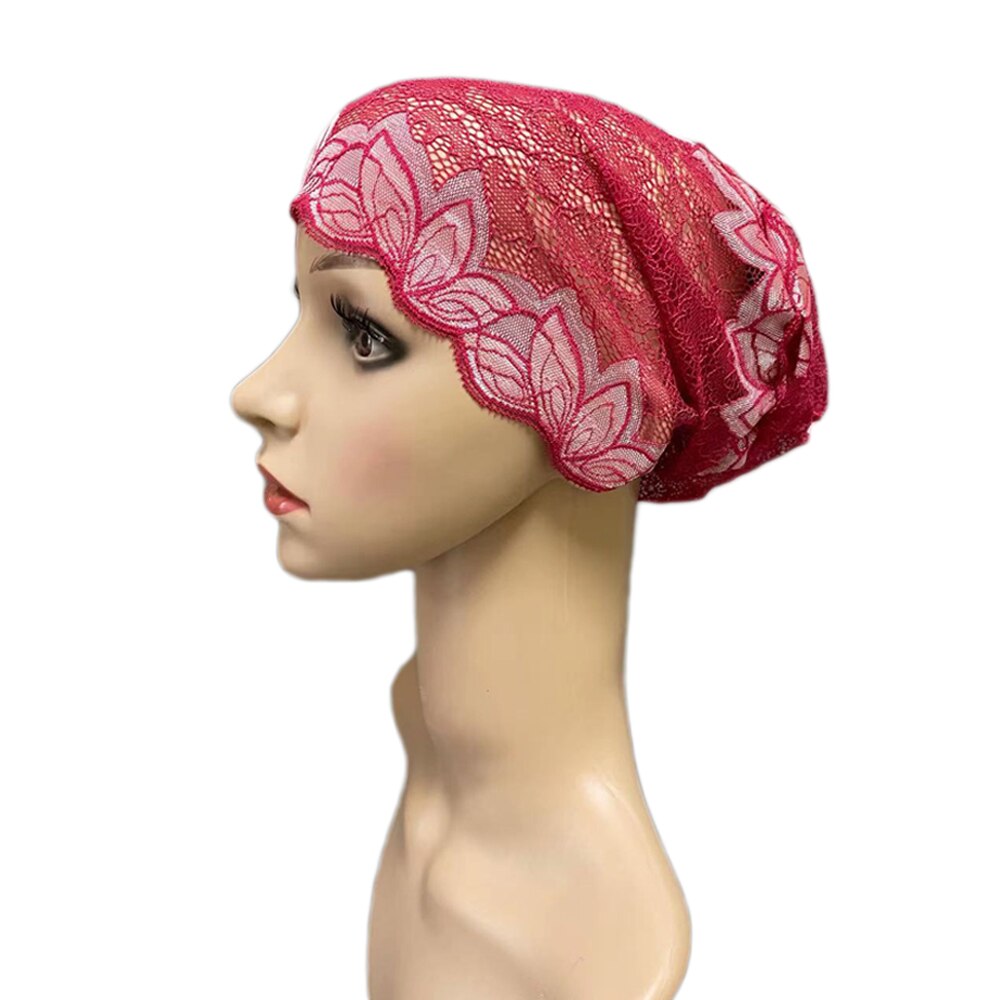 Gorro de tubo de cobertura completa para mujer, gorro interior musulmán con flores de encaje, pañuelo para la cabeza, sombrero islámico árabe, gorrito indio, turbante: 05 Red White