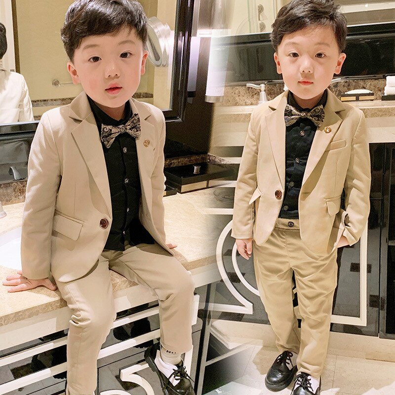 Spring Children's Suit Set Flower Boys British Handsome Wedding Party Costume Kids Blazer Pants 2pcs Outfits