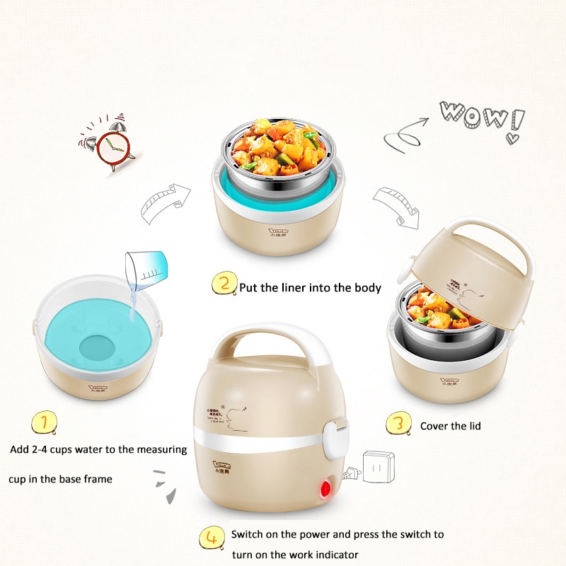 Kbxstart Multi-function Portable Mini Electric Lunch Box Stainless Steel Liner Rice Cooker Food Steamer Cooking Container 220V