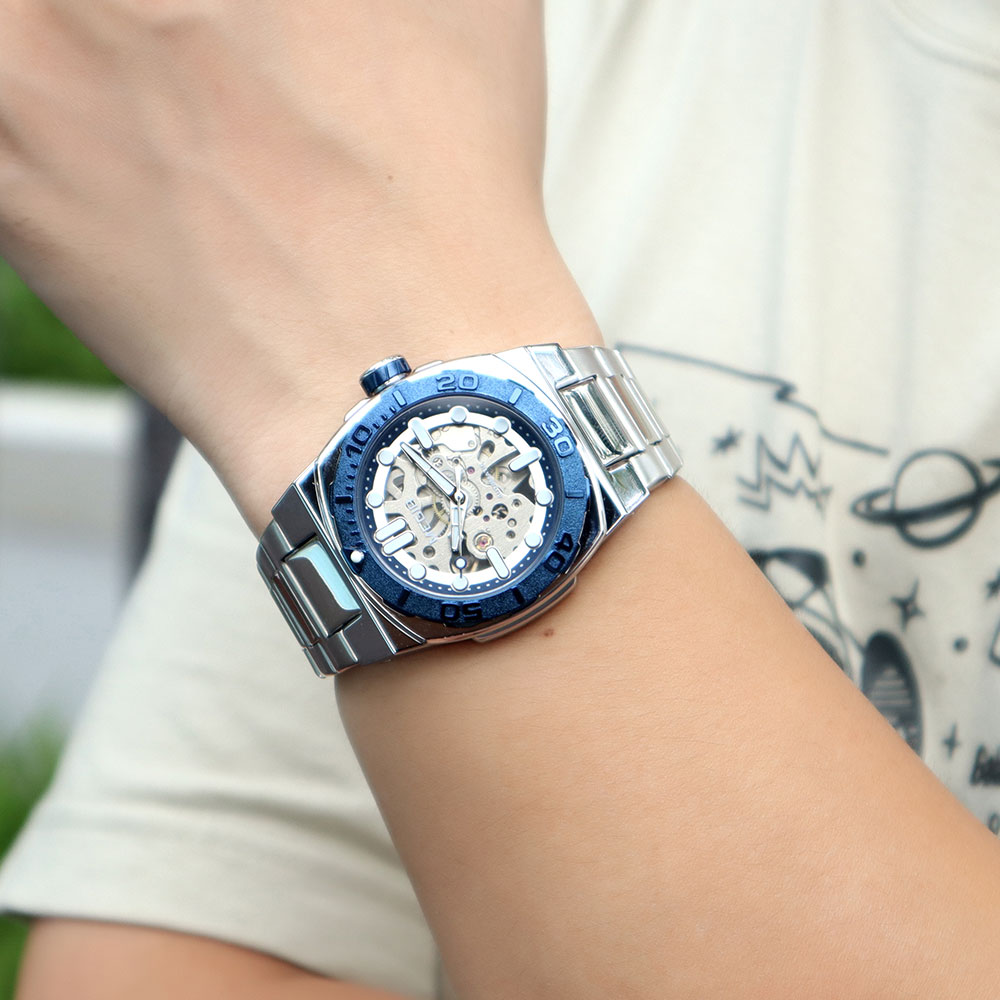 MEGIR Heren Automatisch Mechanisch Horloge - Skeleton Wijzerplaat, Roestvrij Staal Band, 3Bar Waterdicht