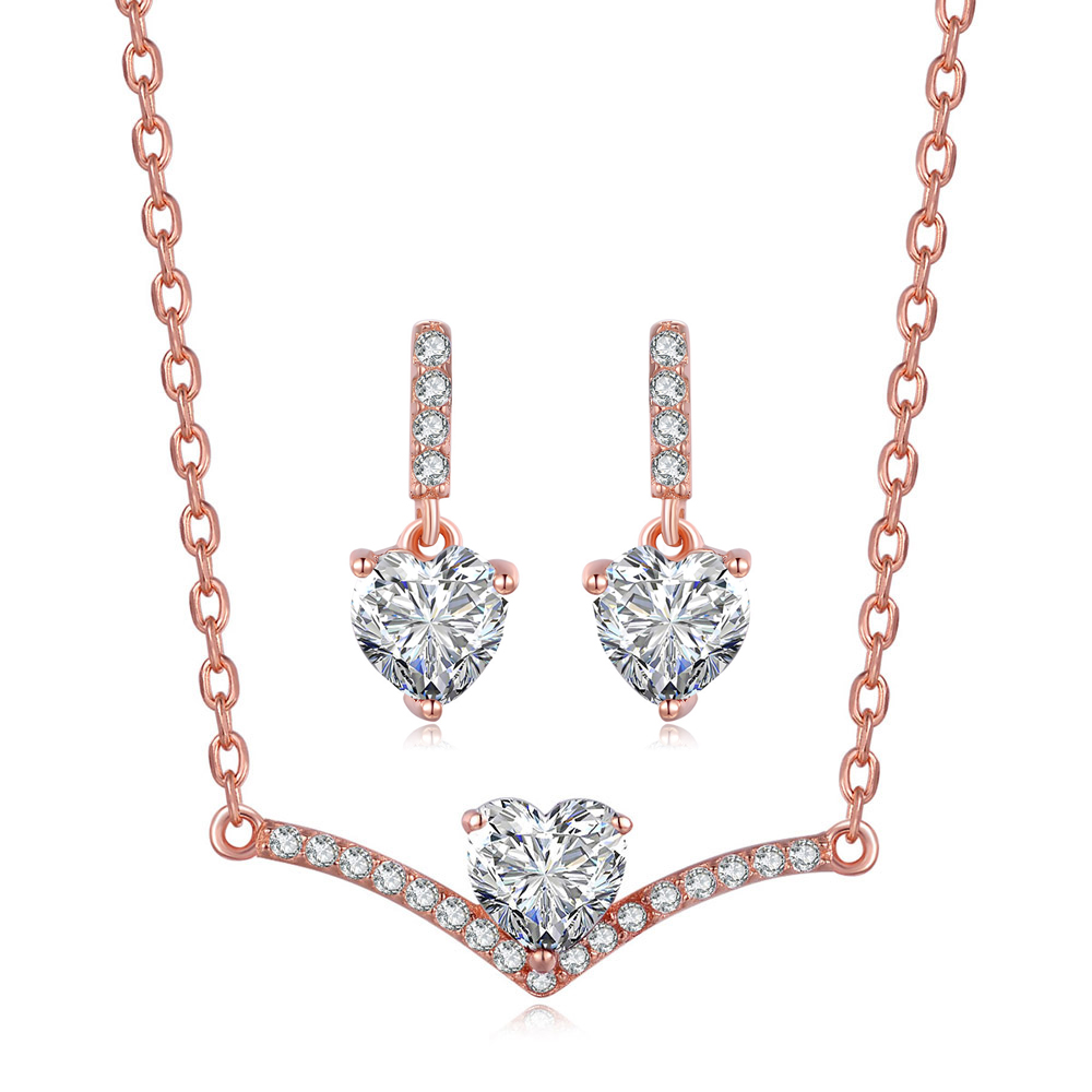 Jewelry Set For Women Korean Cute Heart Shaped Zircon Rose Gold Color Wedding Earrings Necklace Xmas Jewellry S531: ROSE GOLD COLOR