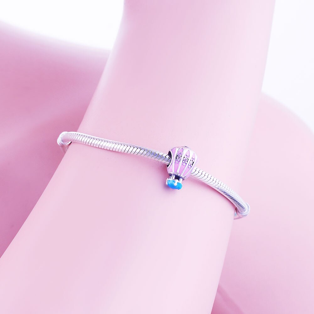 Berloque 925 Sterling Zilver Roze Glazuur Air Balloon Charms Fit Originele Charms Armband Sieraden Maken