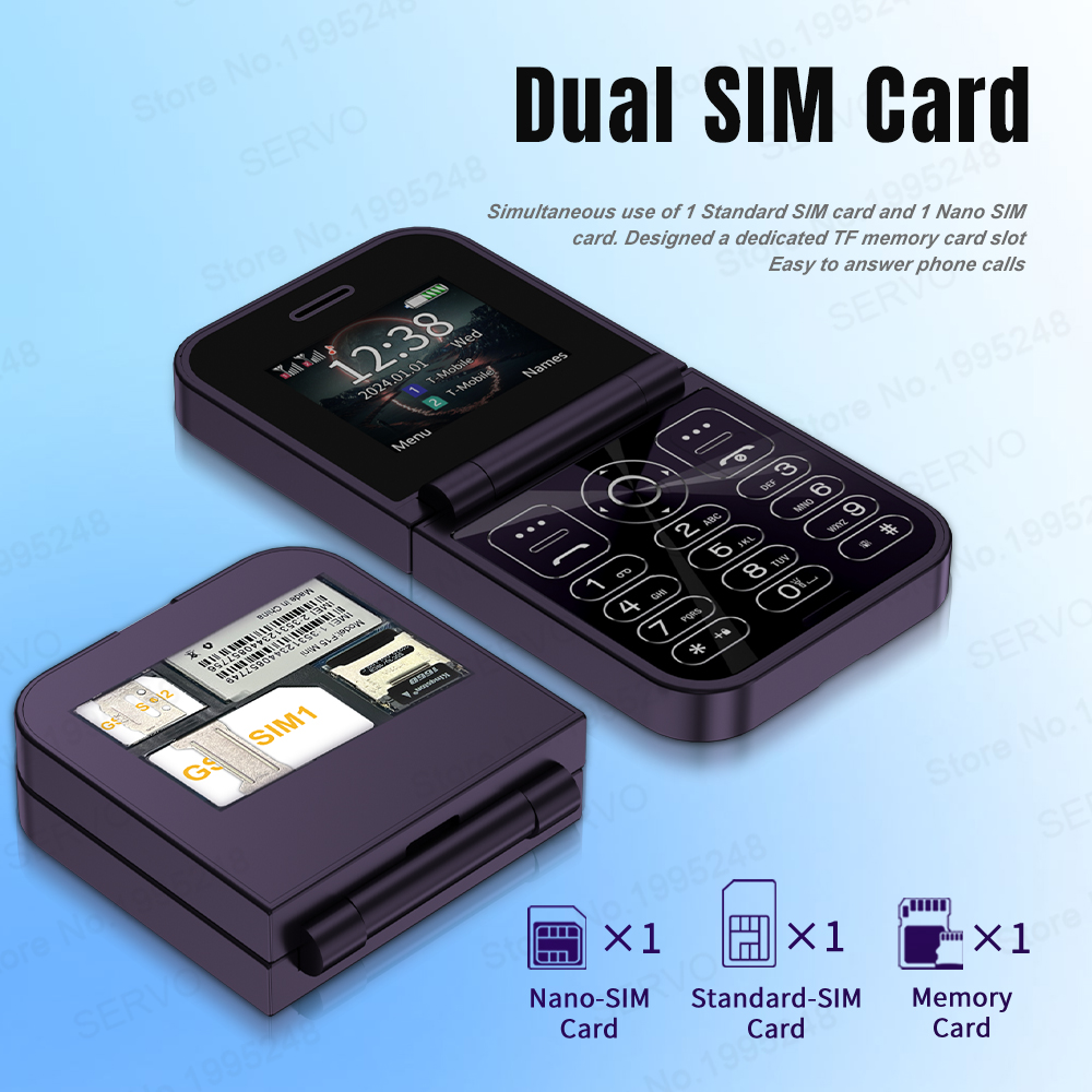 SERVO Classic Small Flip Teléfono móvil 2G Tarjeta SIM dual Lista negra Velocidad Dial Pantalla de 2,0" 180 ° Teléfonos móviles con botón plegable Nueva actualización