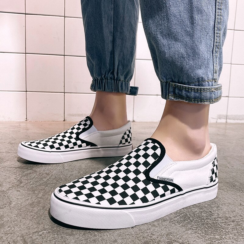 Mens Breathable Casual Shoes Jeans Canvas Casual Shoes Slip on Men Flats Loafer Plaid Mens Shoes Slip-On