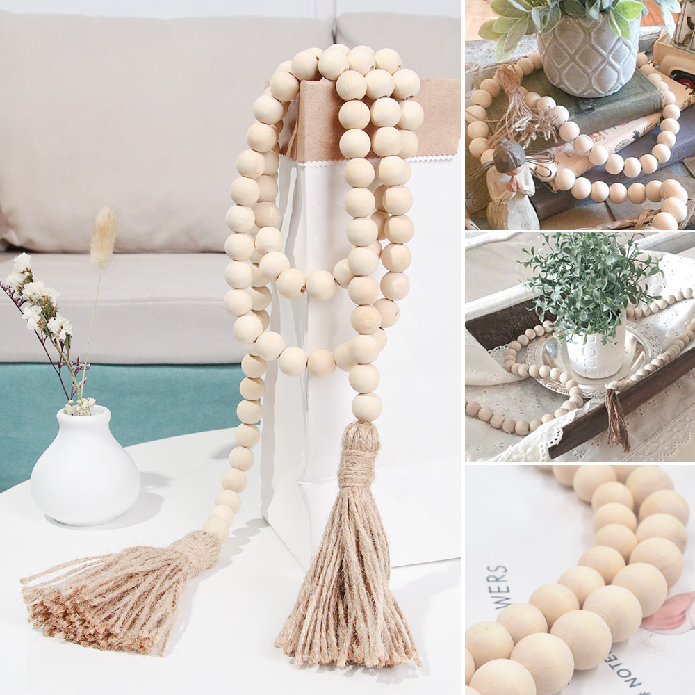 Wood Bead Garland Farmhouse Wall Hanging Home Decor DIY Handmade Garland with Jute Rustic Wall Tassel Bead Ornament Boho