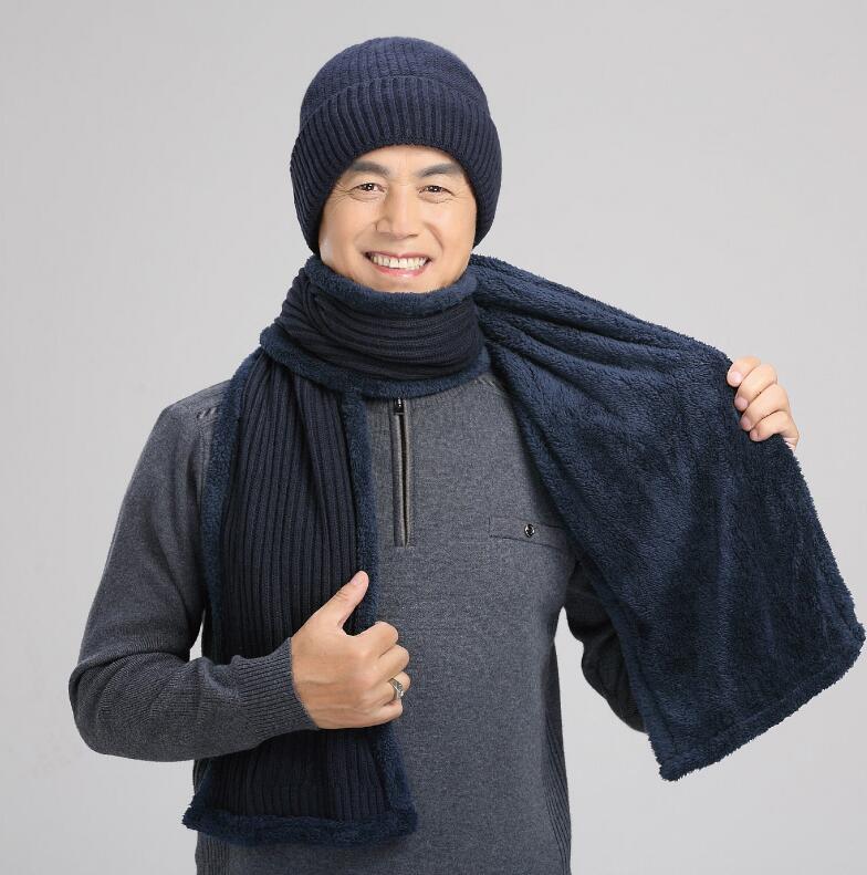Hiver hommes casquette d'âge moyen papa personnes âgées grand-père tricoté laine chapeau mâle extérieur loisirs Plus velours chapeaux doux écharpe ensemble H7145: Navy
