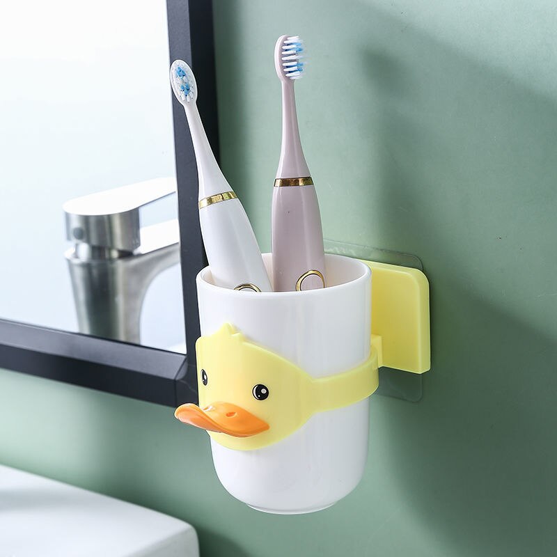 Porte-brosse à dents pour enfants, joli porte-brosse à dents , ensemble de lavage mural Non perforé, tasse de lavage dentaire: Duckling white