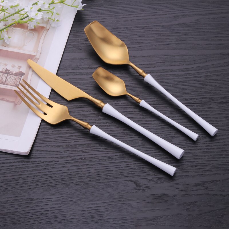 Lyxiga servisset gyllene bestick 304 rostfritt stål bestick middagsset vitguld sked gaffel kniv bestick kit servis set