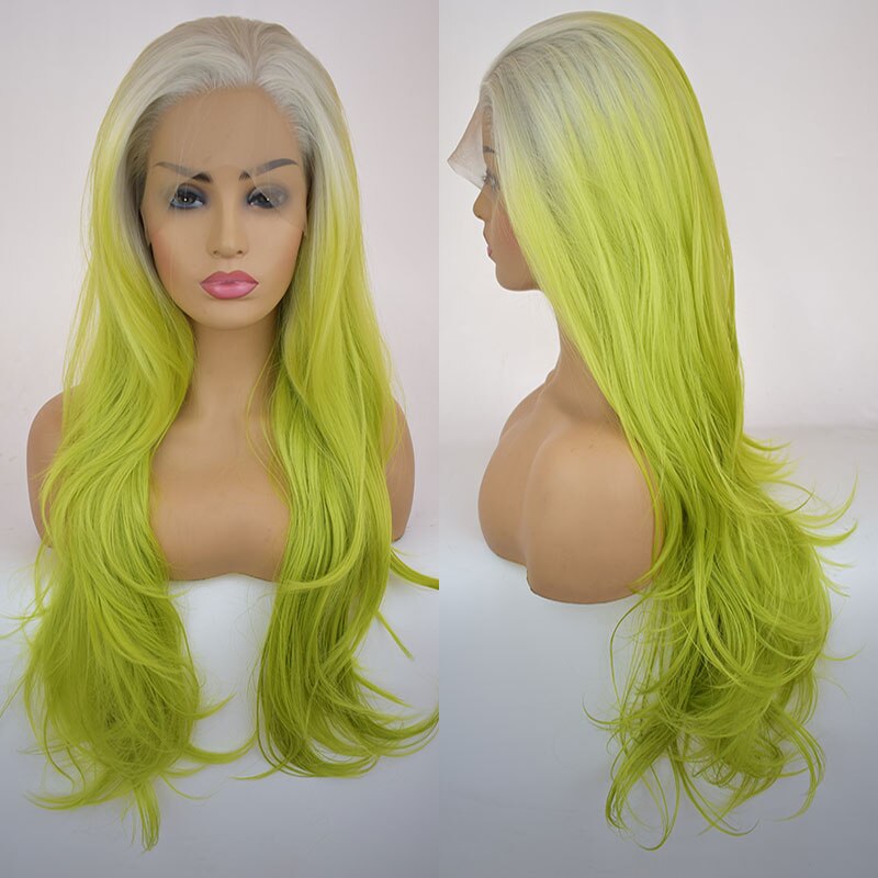 Bombshell White Ombre Green Natural Wave Synthetic Lace Front Wig Glueless Heat Resistant Fiber Hair Side Parting For Women Wigs
