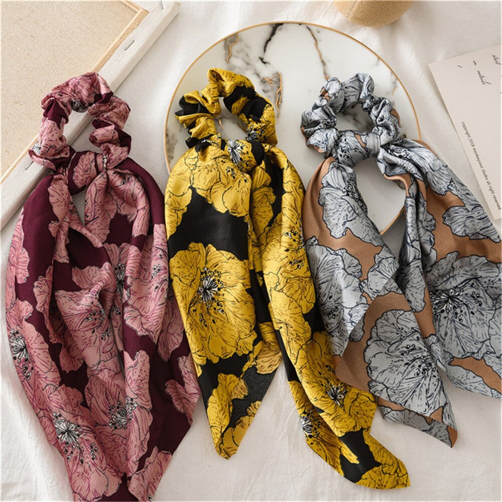 Sommer hår tørklæde sløjfe knude hestehale holder hår scrunchies til kvinder store blomster pandebånd elastisk hårtilbehør