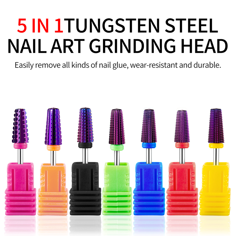 Brocas de carburo de tungsteno chapadas en púrpura para uñas, accesorios de manicura, cortador de fresado, , 5 en 1