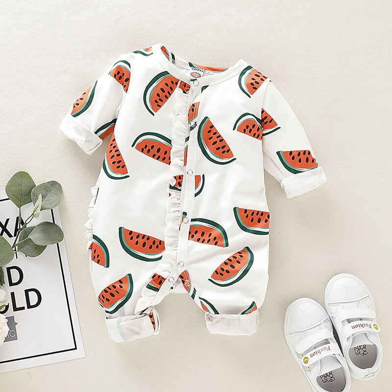 Baby Katoen Lange Mouwen Voet-Gewikkeld Romper Voor Baby Boy Schattige Watermeloen Print Een Stuk Meisje Kleding Pasgeboren jumpsuit