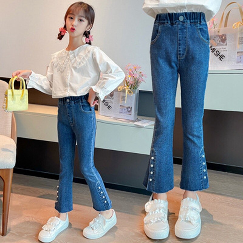 Casual Black Color Girls Jeans Cotton Pearl Bottom Flare Pants Teenage Skinny Trousers for Spring Autumn Clothes 6 8 11Years OId