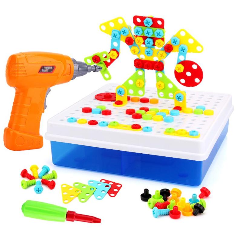 Børn bore puslespil pædagogisk legetøj gør-det-selv skrue gruppe legetøj børn værktøjssæt plast dreng stiksav mosaik byggelegetøj