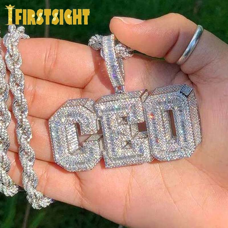 Iced Out Bling Cubic Zirconia CEO Necklace 3 D Two Tone Color Letters CEO Pendant Necklaces Hip Hop Men Women Jewelry