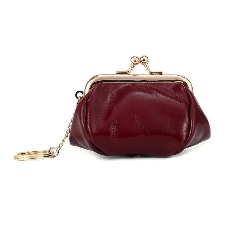 Portable Leather Coin Card Key Ring Wallet Pouch Mini Purse Kiss-Lock Change Bag X7YA: Wine Red S