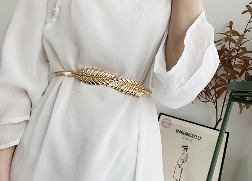 Luksus elastisk metal talje sølv guld kædebælter kvindelige runde bladspænde til kvinder kjoler rem linning