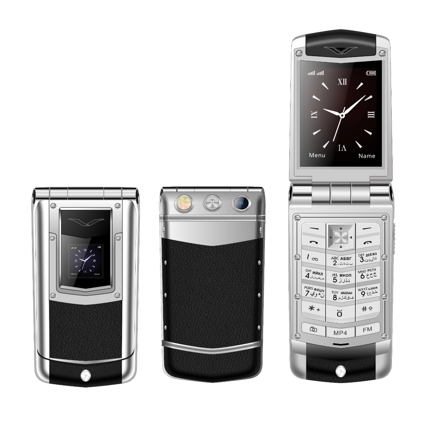 Telefono a conchiglia classico di lusso 2G Corpo in metallo Doppio pulsante SIM dovuto schermi Magia voce lista nera mobile pieghevole per anziani: Argento / Fascio 4