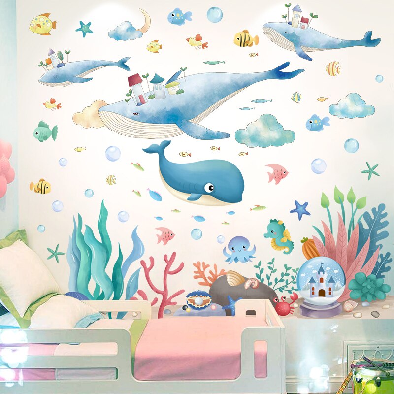 Submarine Coral Clusters Plants Wall Sticker DIY Whale Fish Wall Decals for Kids Room Baby Bedroom Bathroom House Decoration: whale and seagrass