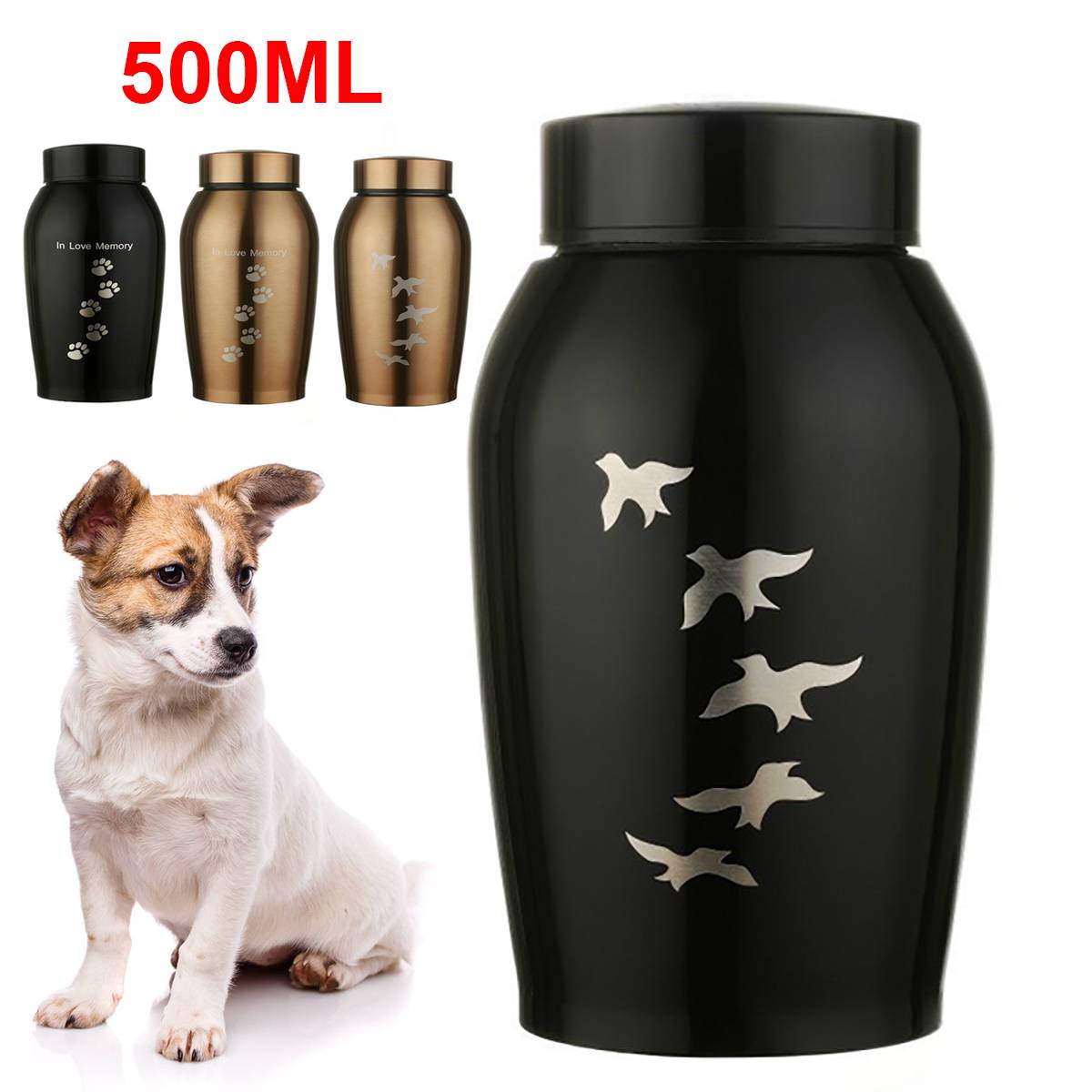 Guld/sort rustfrit stål urner kæledyr hund kat fugle mus kremering aske urne minde kiste columbarium kæledyr mindesmærker