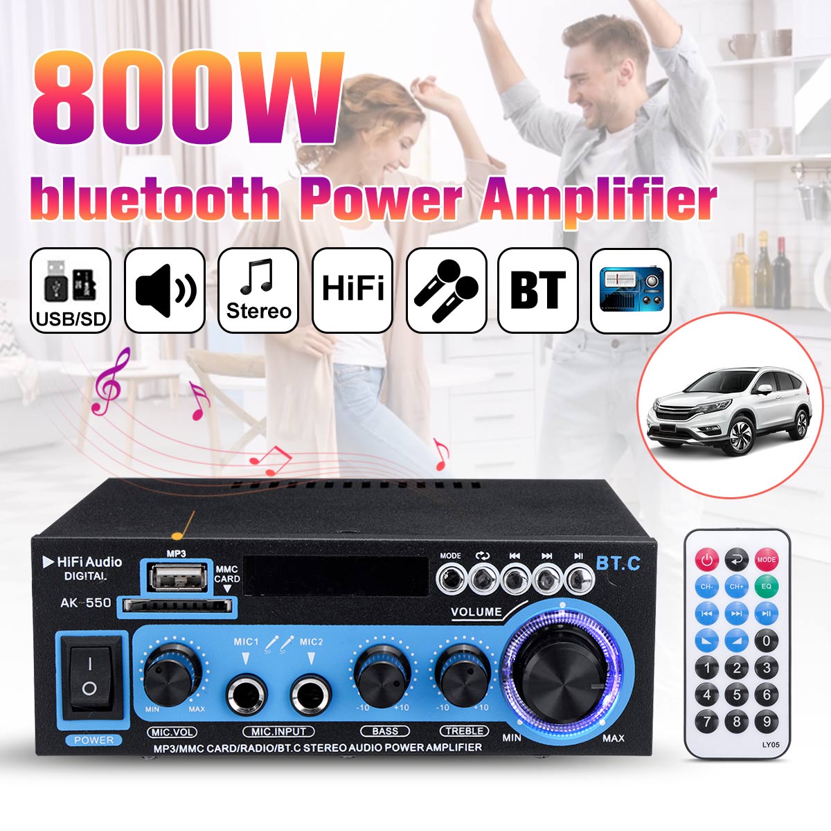 110/220V 800W Audio Amplifier 2CH LCD Display Digital HIFI Power Amplifier bluetooth FM Car Home Stereo Subwoofer W/Remote