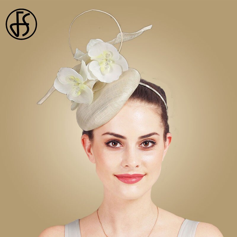 FS Sinamay-sombreros de tocado de Iglesia amarillo para mujer, tocado de novia , color blanco, para boda: Beige White