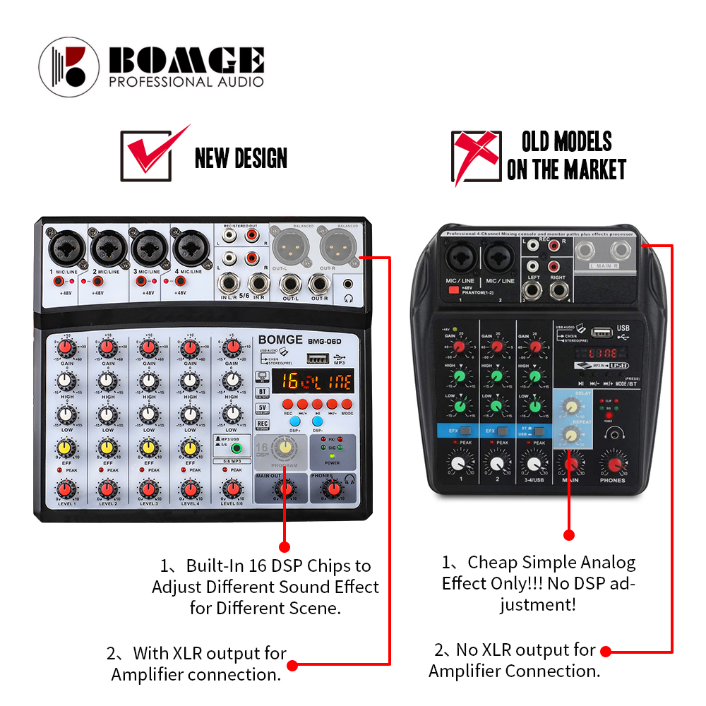 Wireless 6 Channel Audio Mixer Portable Mixing Console USB Interface Sound Card With 16 DSP Echo 48V Phantom Power