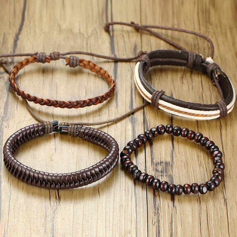 Mix 4 unids/set de pulseras envolventes para hombres y mujeres, cuerdas de cáñamo clásicas, cuentas de madera, brazaletes tribales étnicos, pulseras de cuero