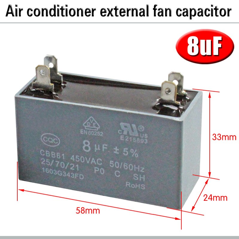 CBB61 Airconditioner Externe Ventilator Startcondensator 1.5/2/2.5/3/3.5/4/5/6/8Uf 450V Motor Condensator 4 Insert Drukvaste: 8uf