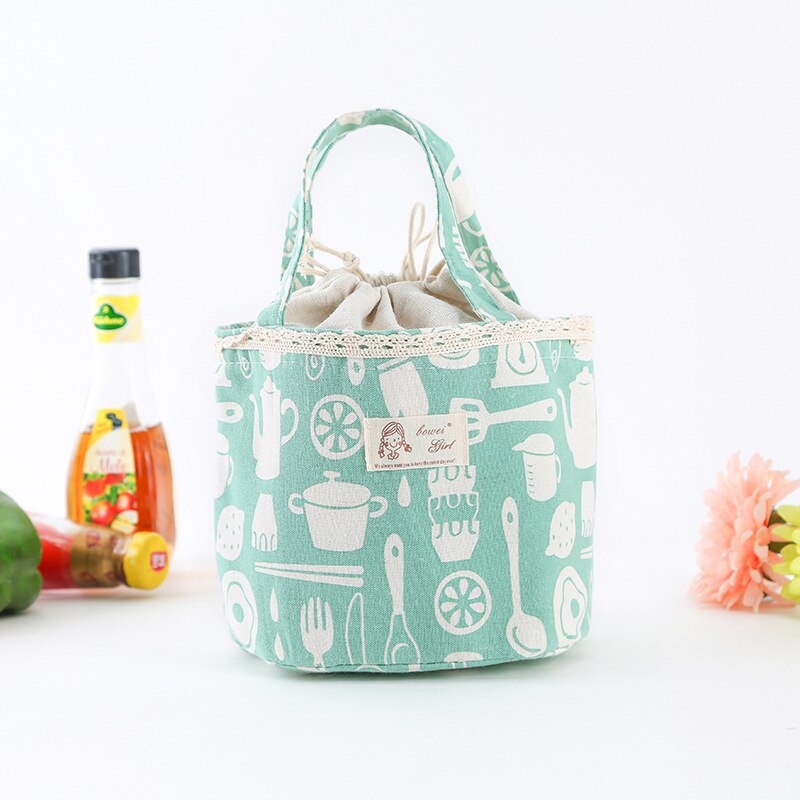 Vrouwen Meisjes Kinderen Kids Draagbare Thermische Geïsoleerde Lunch Tas Doos Picknick Tote Patroon Gedrukt Canvas Lunch Tas: Green-Tableware