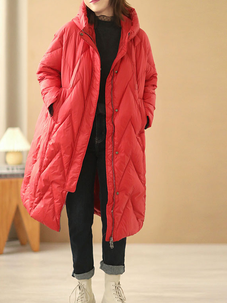 Janveny Women Loose Long Coat 90% White Duck Down Jacket Women Winter Female Overcoat Winter Hooded Puffer Feather Parkas: XL / Red
