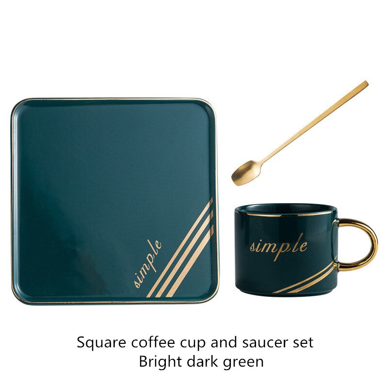 Ceramic coffee cup set square cup saucer spoon breakfast milk coffee cup bread dessert saucer couple: Bright dark green