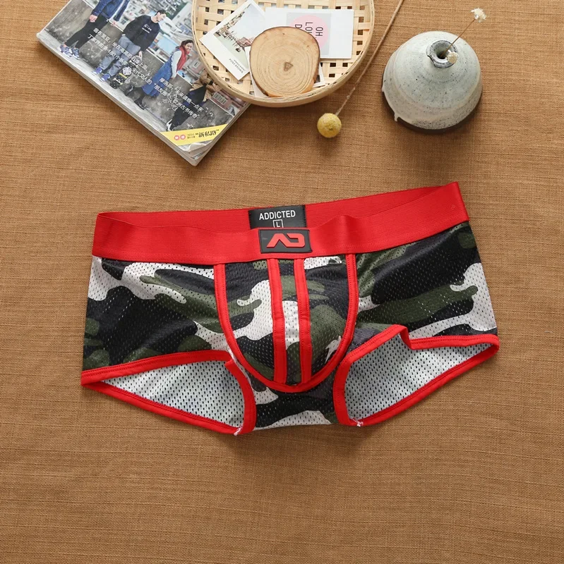 Men's nylon mesh breathable cool Camouflage underwear addicted youth boxer briefs: XXL / Red