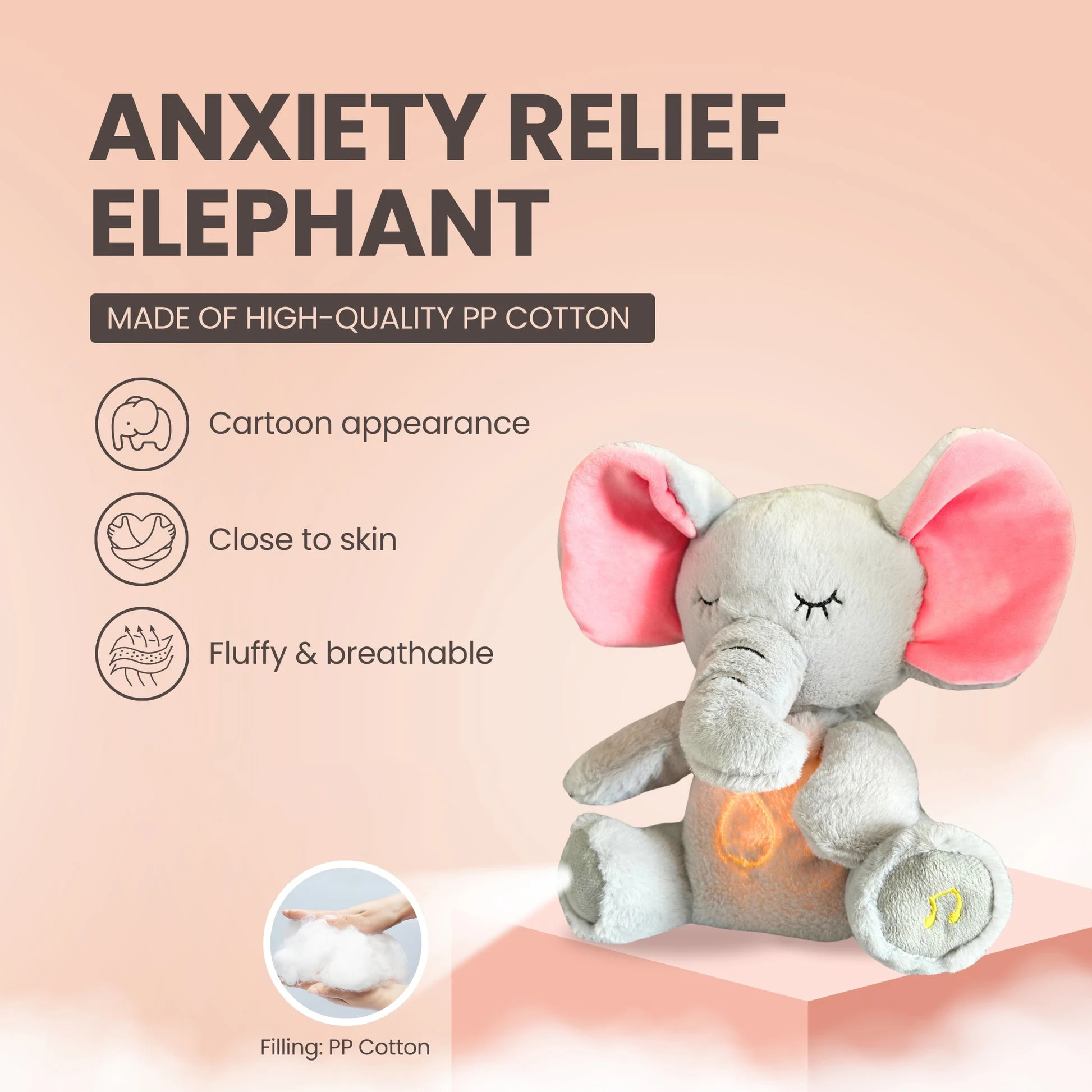 Muñeco de peluche de elefante calmante para bebé, 4 modos, compañero para dormir, muñeca musical y ligera, juguete de peluche sensorial, para niños