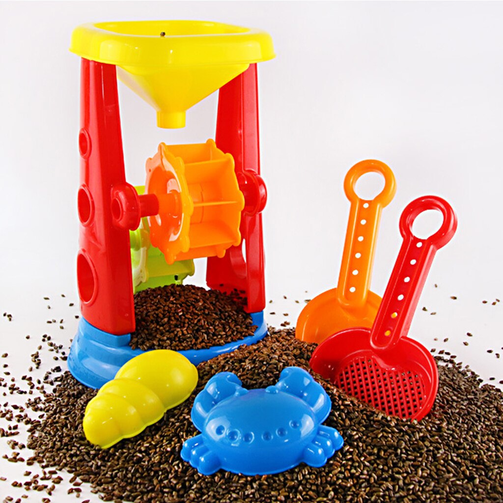 Kids Beach Sand Toy Set (5Pcs/Set) with Water Wheel, Shovel, Rake, Molds (Random Color)