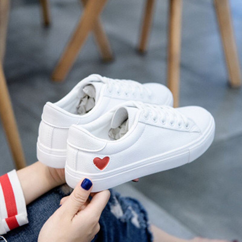 Dam canvas skor dam casual flats hjärta snörning dam vår/höst skor vita sneakers eur storlek 36-42: 1 / 38