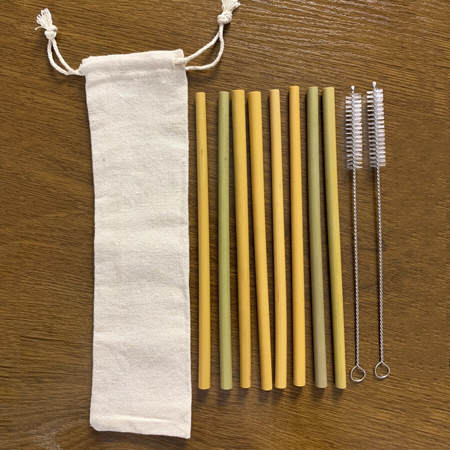 13/11/9/6-Pack Houten Bestek Bestek Set Bamboe Stro Servies Set Met Doek Tas Messen Vork lepel Reizen: 8pcs Straws