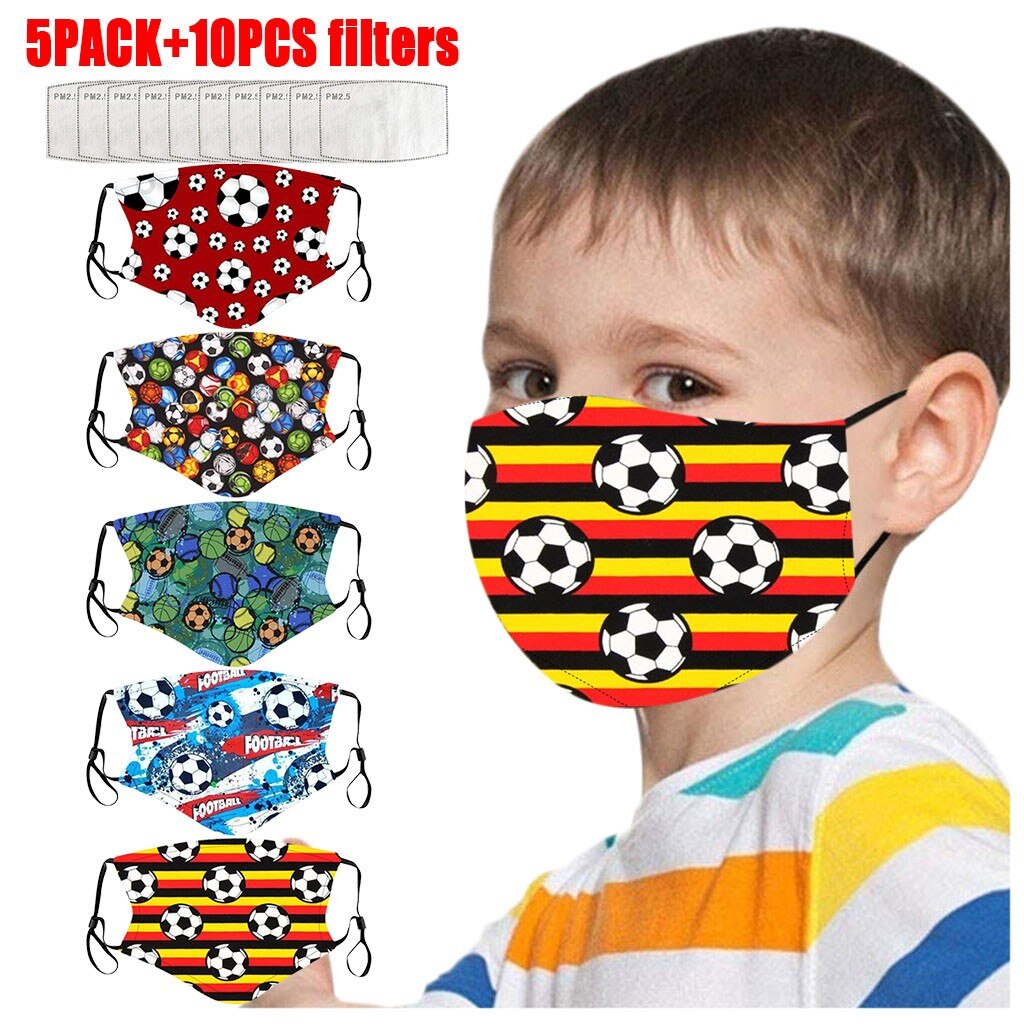 5Pcs Ski Fasemask Kids With 10Pcs Filter Reusable Football Print Breathable Mascarillas Cotton Washable Maskes Balaclava Cap Hat: K