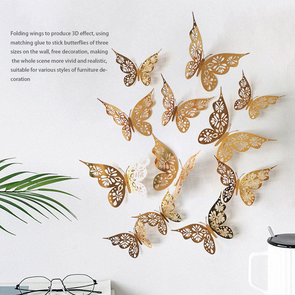 Autocollant Mural papillon 3D en papier ajouré doré, 12 pièces/ensemble, pour fête de , fenêtre de Shopping, décoration de maison, pour chambre d'enfants